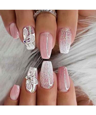 YOSOMMK Gradient Pink Press on Nails Medium Coffin Fake Nails with Flower Rhinestone Designs Glossy Full Cover Stick on Nails Bling Sequins Artificial Acylic False Nails Glue on Nails for Women A1-Butterfly Rhinestones