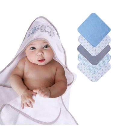 softan Baby Hooded Bath Towel and Washcloths, Extra Soft and Ultra Absorbent, 6 Pack for Newborn and Infants, Elephant Gery Elephant