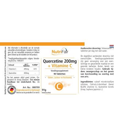 Quercetin 200mg + Vitamin C - High Dose 495mg | 100% Vegan - 90 Tablets | Premium Quality - Nutrifair - German Production & Lab Tested - Buy Online on GoSupps.com