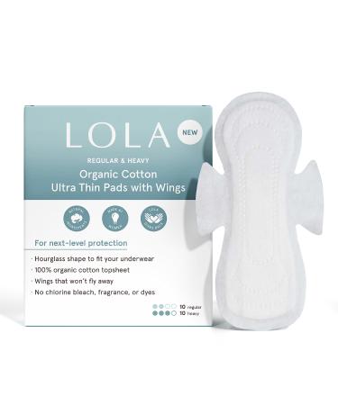 LOLA Organic Cotton Pads 60 Count - Ultra Thin Pad with Wings Cotton Organic Pads for Women HSA FSA Approved Products Feminine Care Heavy & Regular 60 Count (Pack of 1) Heavy & Regular