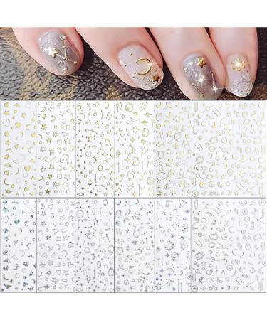 12 Sheets Gold Nail Art Stickers Decals,Nail Supplies 3D Self-Adhesive Nail Decals Metallic Stars Moon Glitter Gold Silver Nail Art Design Stickers for Women Girls Manicure Accessories Craft Design 2