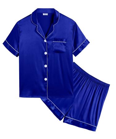 SWOMOG Kids Silk Pyjamas Girls Boys Short Sleeve Satin PJs Sets Button-Down Silky Nightwear Children Sleepwear Teens Age 4-16 12-13 Years Blue
