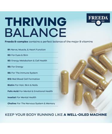 FREEDA Vitamin B-50 Complex Super Quints B-Complex with B1 B2 B3 (Niacinamide) B5 B6 Biotin Folate & B12 (Methylcobalamin) + Choline & Inositol Vegan Capsules 100 Count Made in USA 100 Count (Pack of 1) - Buy Online on GoSupps.com