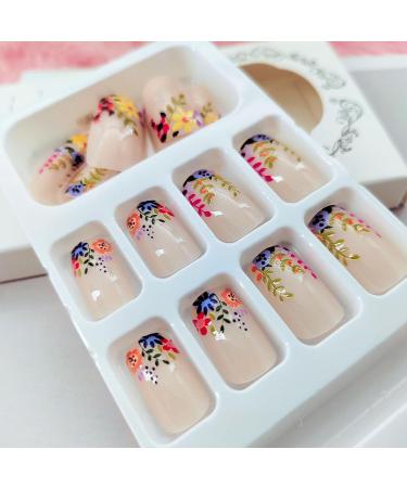 Square Press on Nails - TUZADNW Flower Design | 24 Pcs Glossy Short Fake Nails for Women - Artificial Nude Full Cover Acrylics - Buy Online on GoSupps.com