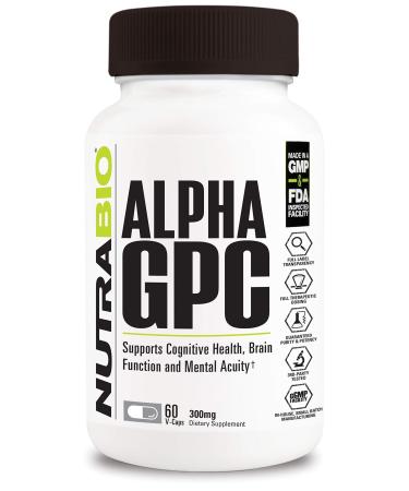 NutraBio Alpha GPC, Brain Support & Improved Memory Function, 300mg - 60 Vegetable Capsules