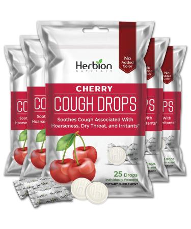 HERBION Naturals Cough Drops with Natural Cherry Flavor Dietary Supplement Soothes Cough for Adults and Children Over 6 Years 25 Drops No Artificial Flavor 125 Lozenges Pack of 5