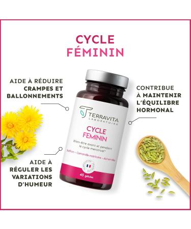 Feminine Cycle | Dietary Supplement Pain and Premenstrual Syndrome | With Chamomile Dandelion Vit B6 and Safr Inside Patented Saffron | 45 Vegan Capsules | Made in France | Terravita - Buy Online on GoSupps.com