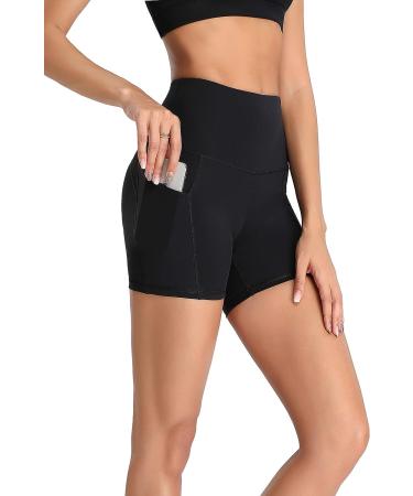 Oalka Women's High Waist Yoga Shorts with Side Pockets - Black - Size Medium - Buy Online on GoSupps.com