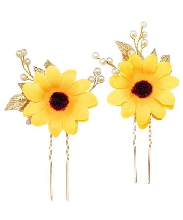 Bridal Sunflower Hair Pins Accessories  BETITETO 2 Pieces U-Shaped Pearl Gold Leaf Floral Boho Headpiece for Wedding Party Photography