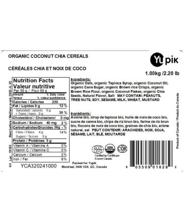 Yupik Organic Coconut Chia Cereal with Brown Rice & Chia Non-GMO Vegan Gluten-Free 1 Kg - Buy Online on GoSupps.com