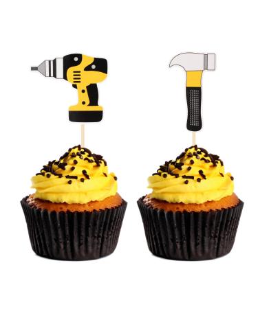 HOKPA Hammer Cupcake Toppers Drill Cupcake Toppers 24Pcs Cupcake Picks for Labor Day Birthday Theme Party Decoration