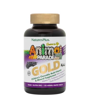 NaturesPlus Animal Parade Source of Life Gold Children's Multivitamin - Grape Flavor - 120 Chewable Animal Shaped Tablets - Vegetarian, Gluten-Free - 60 Servings 120 Count (Pack of 1)