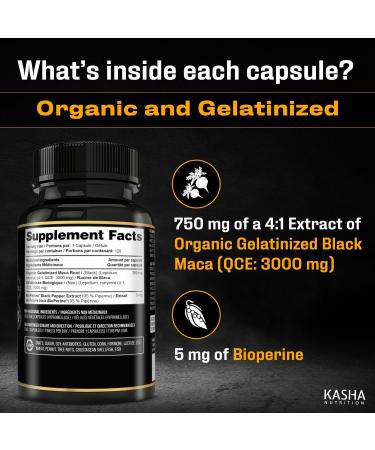 KASHA Nutrition Organic Black Maca DHE 3000mg with Bioperine per Capsule - Organic Gelatinized Maca for Men Women and All Genders | 750 mg 4:1 Extract Maca Root / Maca Powder | Proudly Canadian | 4 Month Supply. Non-GMO Vegan Gluten Free Soy Free Vegetari - Buy Online on GoSupps.com