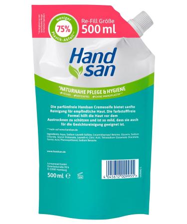 Hand San Cream Soap Refill Bag 500ml Free from Perfume Dyes & Microplastics Vegan pH-Skin-Neutral for Hand & Facial Cleansing International Shipping Available - Buy Online on GoSupps.com