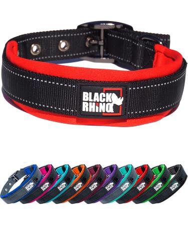 Black Rhino - The Comfort Collar Ultra Soft Neoprene Padded Dog Collar for All Breeds - Heavy Duty Adjustable Reflective Weatherproof Large Red/Black