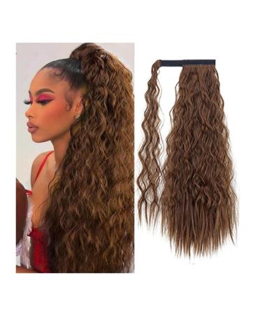 Ponytail Extension Ponytail Hairpiece Wrap on Clip 24Inch Synthetic Corn Wavy Long Hair Extensions Ombre Brown Pony Tail Blonde Fack Hair Ponytail Hair Extension(4H27) 24inches 4H27