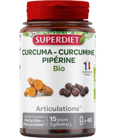 SUPERDIET - TURMERIC PIPERIN ORGANIC - Joints - Herbal medicine - Made in France - 45 capsules