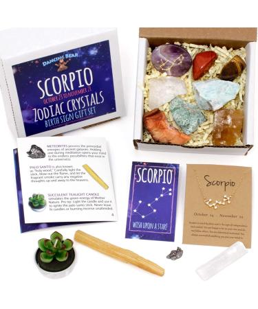 DANCING BEAR Scorpio Zodiac Healing Crystals Gift Set - 14 Pc Set with 9 Stones, 18K Gold-Plated Necklace, Meteorite, Succulent Candle, Palo Santo Smudge Stick - Made in USA - Buy Online on GoSupps.com