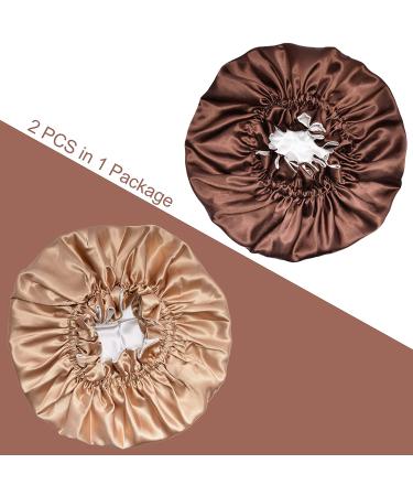 Satin Bonnet Silk Double Layer 2 Pack for Women - Khaki + Brown | Soft Elastic Band Night Head Cover for Girls - Buy Online on GoSupps.com