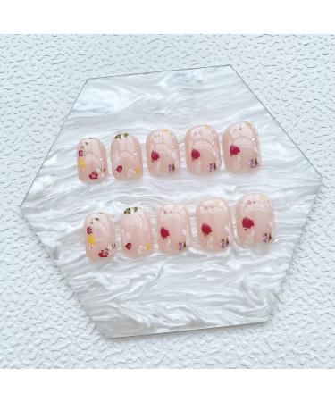 24Pcs Nude Pink Short Square Press on Nails with Summer Flowers Design - Glossy Acrylic Stick on Nails for Women - Buy Online on GoSupps.com