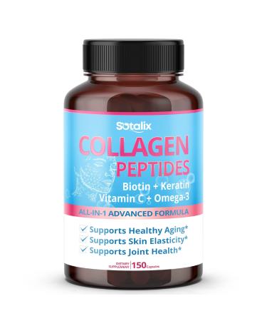 Collagen Peptides with Biotin + Keratin Vitamin C + Omega 3 - Radiant Skin Healthy Joint Nails (150-day Supply)