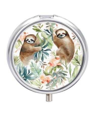 Round Pill Box Watercolor Sloth Print 3 Compartment Medicine Pill Case Print Pill Organizer Decorative Metal Portable Pill Box Pocket Pill Box