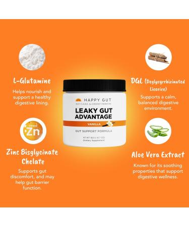 HAPPY GUT Leaky Gut Advantage - Doctor-Formulated Supplement for Discomfort - L-Glutamine N-Acetyl-D-Glucosamine Aloe Vera DGL Zinc - Vanilla Flavor 192g - Buy Online on GoSupps.com