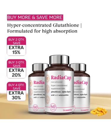 RadiaCap - Hyper-Concentrated Glutathione & Astaxanthin for Brightening Skin | Powerful Antioxidant | Reduce Signs of Aging | 60 Capsules - Buy Online on GoSupps.com