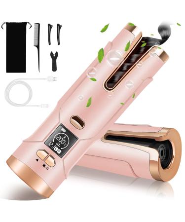Hanari Wireless Automatic Curling Iron Cordless Auto Hair Curler Automatic Hair Curlers with 5200 mAh Battery Adjustable Curling Iron with 6 Temperature & Timers Pink