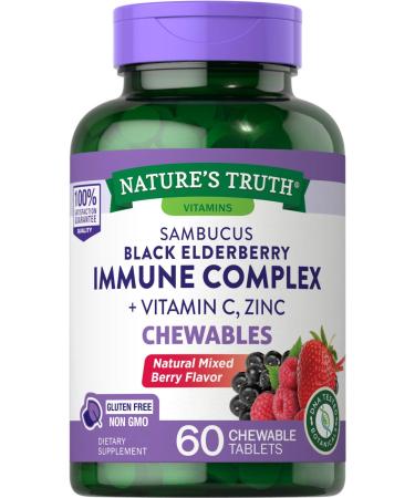 Nature's Truth Sambucus Black Elderberry Immune Complex Plus Vitamin C & Zinc Natural Mixed Berry 60 Chewable Tablets