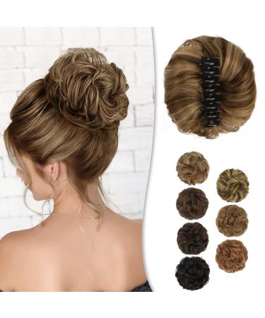 Claw Clip Messy Bun Hairpiece  BARSDAR Curly Messy Hair Bun Scrunchies Claw Clip Chignon Ponytail Extension Synthetic Messy Bun Hair Bun For Women Girls(Chocolate Brown with Caramel Blonde Highlights) 1 Count (Pack of 1)...
