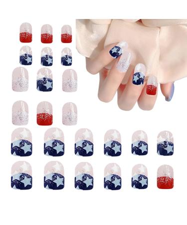 4th July Fake Nails - Flag Design Full Nails | Flag Design Full Nails Short Square Flag Fake Nails