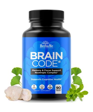 HerbaMe Brain Code Nootropic Brain Supplement for Memory and Focus | Supports Cognitive Health & Mental Clarity, Enhance Concentration | 90 Capsules
