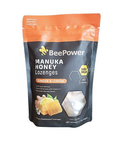 BeePower All Natural Manuka Honey Lozenges | Contains 40 Lozenges 6.7 Oz MGO 500+ (Ginger Lemon Flavor)