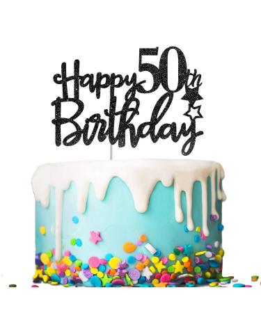 Tenhaisi Glittery Black Happy 50th Birthday Cake Topper 50 and Fabulous Birthday Cake Topper - Adult 50th Birthday Party Decoration - Cheers To 50 Years Birthday Wedding Anniversary Party Decoration