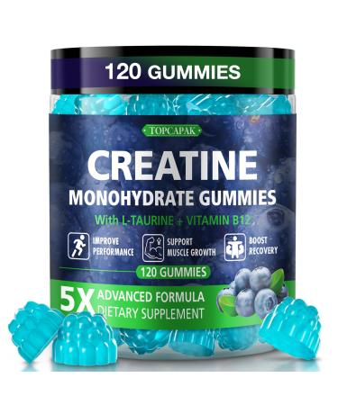 Creatine Monohydrate Gummies for Men & Women - Blueberry Flavor Raspberry-Shaped - Chewable Creatine Gummy with Taurine & Vitamin B12 5g Creatine per Serving 120 Gummies Blueberry 120 Count (Pack of 1)