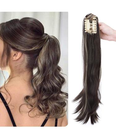 Ponytail extension ponytail braid with clip hair parts hair extension hair skin hair heat-resistant micro-wavy like real hair 22 "(55cm) dark brown & ash blonde 55 cm dark brown & ash blonde