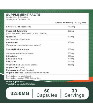 3250 MG Liposomal Glutathione Supplement - Antioxidant with Resveratrol & Quercetin Gluten Free & Non-GMO Boost Immune Health - 60 Capsules - Buy Online on GoSupps.com