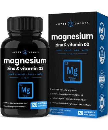 YHN Magnesium Zinc & Vitamin D3 Supplement - Most Bioavailable Forms Magnesium Glycinate Malate Citrate - Bone Muscle & Heart Health Immune Support - 120 Vegan Capsules