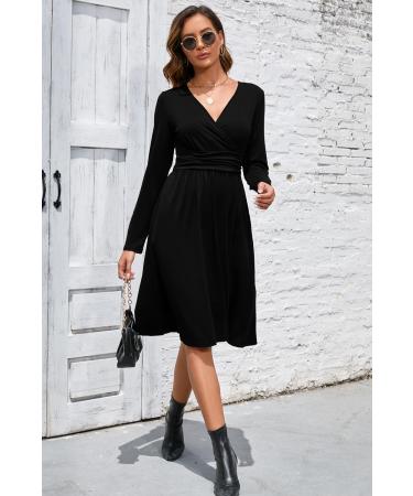 OUGES Women's Spring Casual Midi Dress with Long Sleeve V-Neck | Floral Wrap Dress with Pockets - XXL Black - Buy Online on GoSupps.com