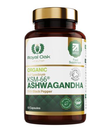 Organic High Concentration Full Spectrum KSM-66 ASHWAGANDHA with 5% Withanolides and Black Pepper Made in Britain by Royal Oak Health 60 Capsules