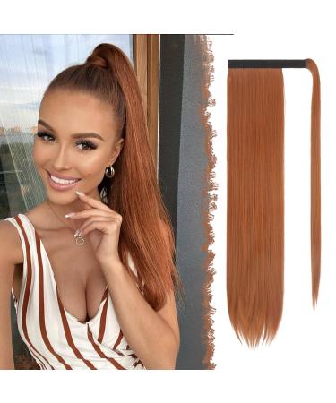 FESHFEN Straight Ponytail Extensions Long Wrap Around Ponytail Synthetic Clip in Pony Tail Hair Extensions Copper Red Hairpiece for Women 24 inch 24 inch (Pack of 1) Copper Red