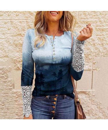 Women's Fitted Ribbed Knit Henley T-Shirt | Long Sleeve Tunic Lace Top | Casual Button Down Blouse - Small Blue - Buy Online on GoSupps.com