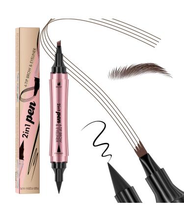 Microblading Eyebrow Pencil 2-In-1 Dual-Ended Eyeliner And Eyebrow Pen with 4-Fork Micro-Fork Precise Brow Pen for Natural Waterproof and Long-Lasting Eye Brow Pencils for Women Brown(Dark brown)