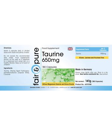 Fair & Pure Taurine 650mg Vegan Capsules - 180 High-Dose Taurine Supplements - Buy Online on GoSupps.com
