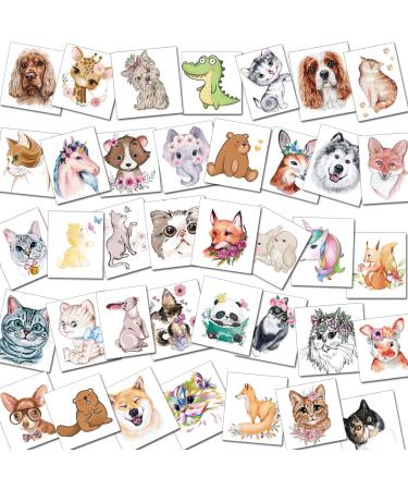 Ukicra Animal Temporary Tattoos for Kids - 40 Sheets Dog Cat Cartoon Tattoos for Children Boys Girls Birthday Party Decor