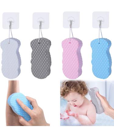4Pack Ultra Soft Bath Body Shower Sponge Resuable Exfoliator Dead Skin Remover Super Soft Exfoliating Bath Sponge with 4 Sticky Hooks for Both Children and Adult( Blue Pink Grey White)