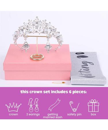 Silver Crown Set for Women: Tiara with Rhinestones, Bachelorette Sash, and Earrings - Bridal Tiaras and Crowns - Bachelorette Party Accessory (7pc) - Buy Online on GoSupps.com