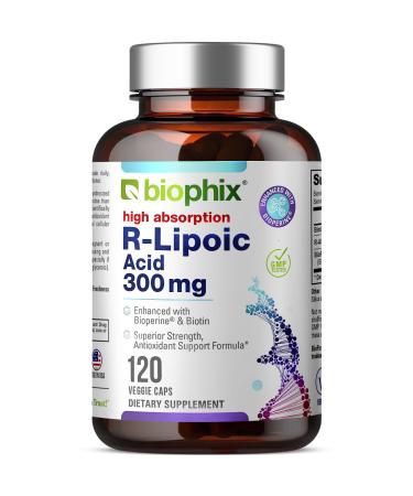 biophix R-Lipoic Acid 300 mg Stabilized 120 Veggie Capsules - with Biotin - High Potency Antioxidant Support - Non-GMO - Gluten Free - Promotes Energy