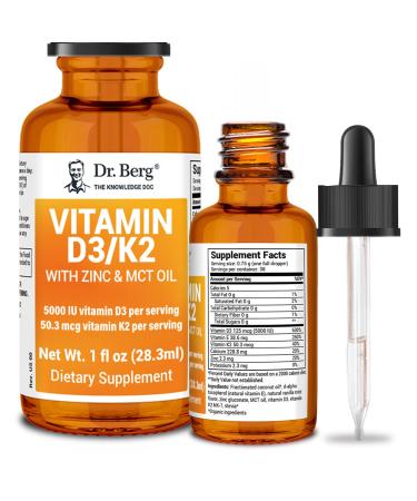 Dr. Berg Vitamin D3 K2 with Zinc & MCT Oil Liquid Supplement - Liquid Vitamin D3 with K2 for Bone & Teeth Strength  Mood  Immune & Heart Health D3 K2 Drops - Vitamin D3 K2 Drops for Adults - 1 fl oz